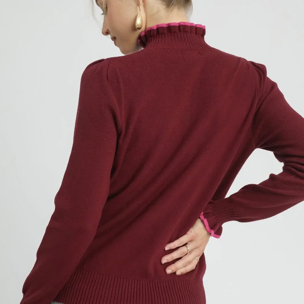 Umgee Ribbed Round Neck Sweater‎ with Ruffle Contrast Trim - Picture 3 of 6